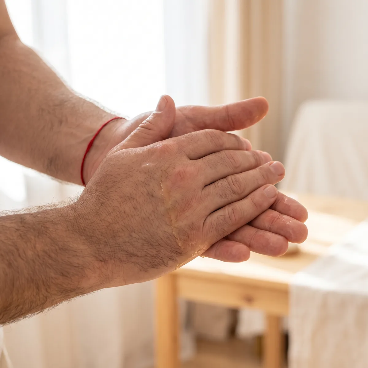 Manos masculinas aplicando aceite en la espalda de una persona durante una sesión